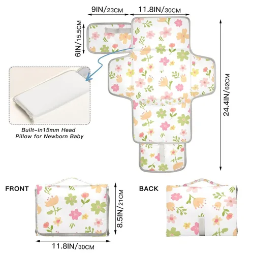 Vista 4 de Flowers Portable Changing Pad with Built-in Pillow, Waterproof Foldable Baby Diaper Changing Pads, Diaper Mat for Boys and Girls