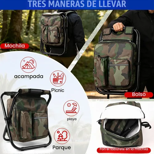Vista 7 de Kikerike Mochila plegable con aislamiento, silla plegable para camping, caza, pesca, multifunción con bolsillo frontal y bolsillo para botella