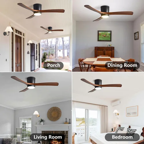 Vista 8 de Ventiladores de techo de 48 pulgadas con luces, moderno ventilador de techo negro de 6 velocidades, aspas de madera maciza con luz para dormitorio