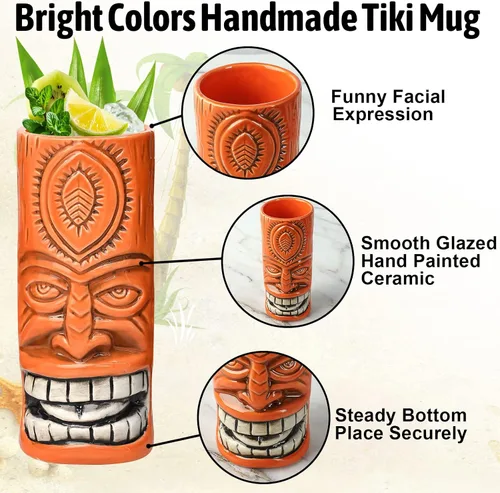 Vista 3 de Tiki Mugs - Juego de 4 tazas de cóctel de cristal Tiki de cerámica, vasos de cóctel únicos, taza hawaiana profesional de bar y Halloween fiesta