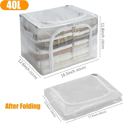 Vista 6 de Contenedores de almacenamiento de ropa apilables transparentes con marco de metal, caja de almacenamiento plegable con tapa, organizador de armario