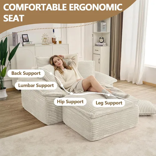 Vista 4 de Tumbona de 47 pulgadas para interiores, moderno sofá cama sin huesos con otomana, silla de asiento profundo con almohadas, cómodos sofás seccionales
