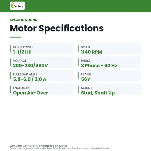 Vista 2 de Motor de ventilador, 1-1/2 HP, 1140 rpm, 60Hz