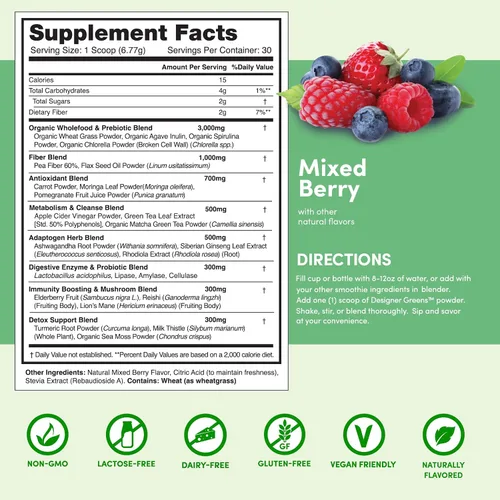 Vista 5 de Designer Wellness, Designer Greens Superfood en polvo con prebióticos, probióticos, antioxidantes y soporte para la desintoxicación, 30 porciones