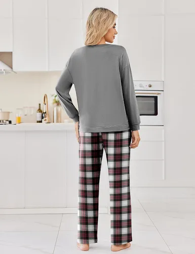 Vista 8 de Ekouaer Conjunto de 2 pijamas para mujer, pijamas de manga larga con camiseta y pantalones, cuello en V, pijamas suaves con bolsillos, ropa