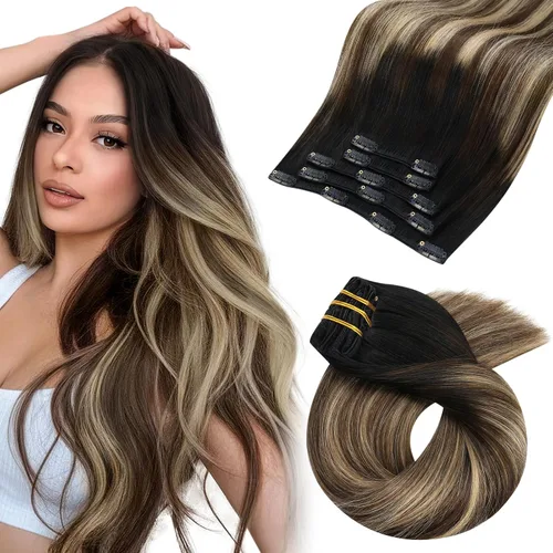 Vista 92 de Moresoo Extensiones de cabello humano con clip, balayage, color marrón oscuro a marrón dorado con clip, extensiones de cabello humano con clip, 5