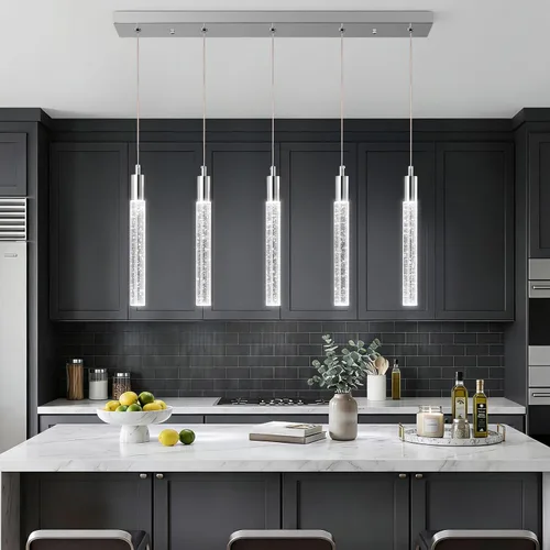 Vista 26 de Iluminación colgante moderna para isla de cocina, lámpara colgante regulable LED con acabado cromado, mini iluminación colgante de cristal