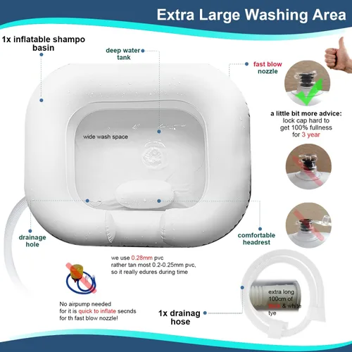 Vista 2 de Cuenca inflable de gran tamaño para lavar el cabello con cabeza incorporada cómoda almohada champú lavabo para ancianos discapacitados embarazadas