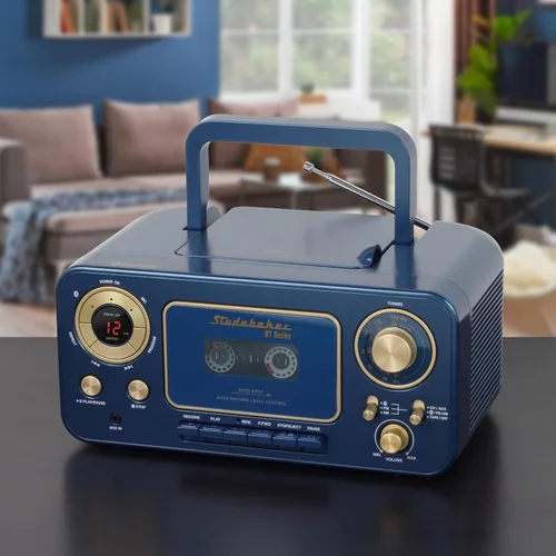 Vista 5 de Reproductor de CD estéreo portátil con Bluetooth, radio estéreo AM/FM y reproductor/grabador de casete (color azul)