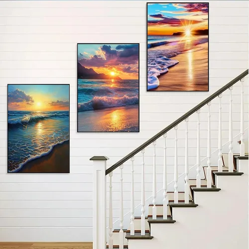 Vista 3 de Paquete de 6 kits de pintura de diamantes para adultos principiantes, juegos de arte de diamantes de playa 5D, pintura de amanecer redonda completa