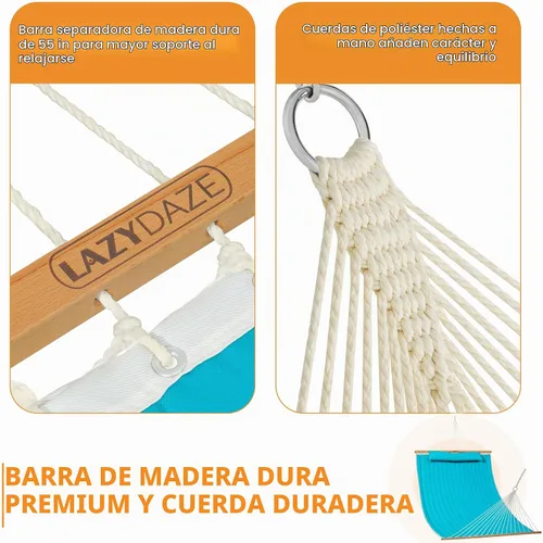 Vista 4 de Lazy Daze Hammocks Hamaca de tela acolchada doble de 12 pies con barra separadora y almohada desmontable, hamaca para 2 personas para exteriores
