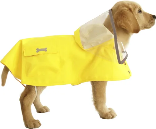 Vista 18 de Impermeable para perro con poncho con capucha, chaqueta de lluvia amarilla ajustable de alto reflejo, con agujero para correa para perros pequeños
