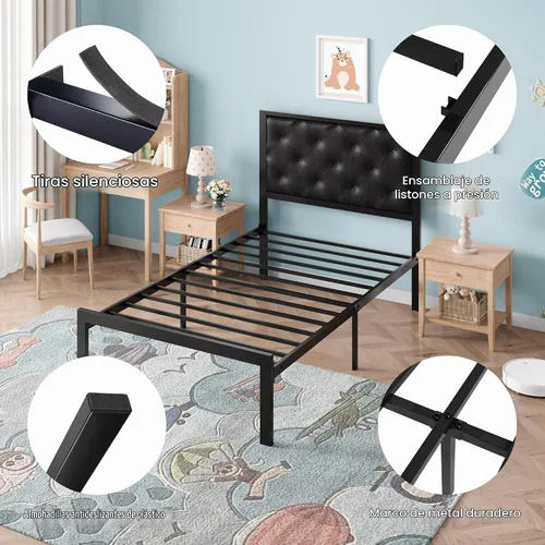 Vista 6 de SHA CERLIN Base de cama de plataforma tamaño individual con estructura de metal, cabecero tapizado de cuero PU con botones, base de colchón con 31.5