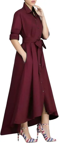 Vista 11 de VERWIN Vestido largo de manga larga para mujer, holgado, elegante, con botones, con bolsillos y cinturones