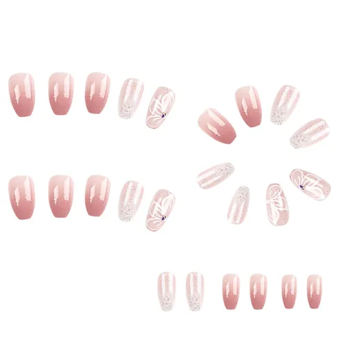 Vista 3 de Uñas postizas medianas con diseño de ataúd SWEKKE a presión, uñas postizas de cobertura completa rosa con diseños de flores, uñas adhesivas C1