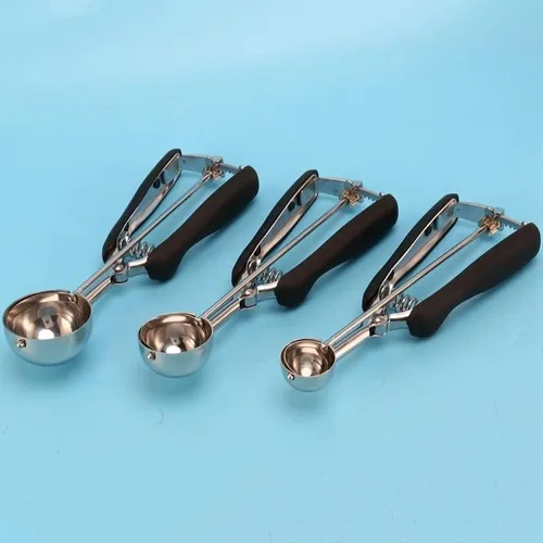 Vista 2 de Juego de 3 cucharas de helado para hornear galletas de acero inoxidable con agarre de goma antideslizante, cuchara para masa de galletas