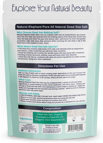 Vista 2 de Natural Elephant Baño de sal del mar muerto y remojo de pies para relajación y nutrición, 100% puro con aceite esencial, grano grueso medio