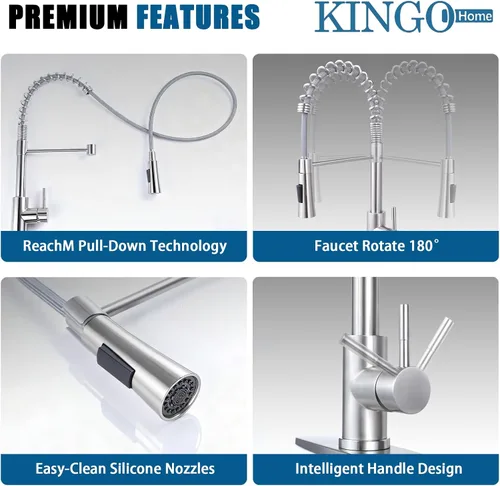 Vista 5 de KINGO HOME Grifo de fregadero de cocina con rociador extraíble, grifo de barra de acero inoxidable de níquel cepillado de una sola manija, grifos
