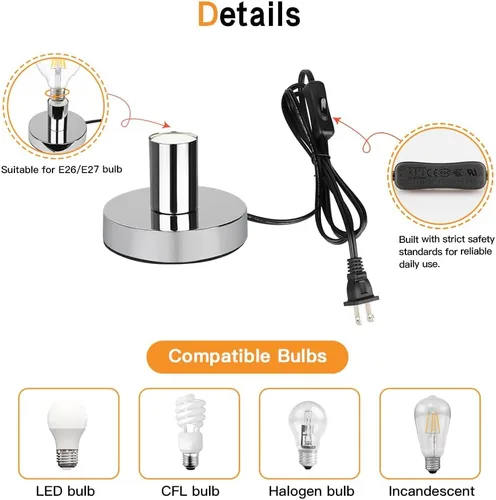 Vista 4 de Base de lámpara de mesa industrial Helunsi, base de lámpara E26 E27 plateada sin pantalla, base de lámpara de escritorio corta expuesta, soporte