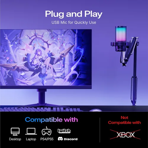 Vista 7 de MAONO Micrófono USB para juegos, Micrófono condensador con cancelación de ruido con silencio, ganancia, monitoreo, micrófono de brazo de boom