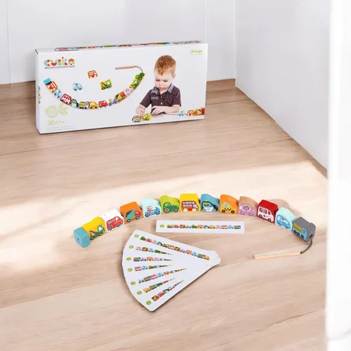 Vista 2 de CUBIKA Juguete de madera con cordones de autos voladores - Juguete Montessori con cordones para niños a partir de 3 años - Tarjetas de cordones