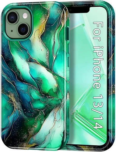 Vista 10 de CASEFIV Compatible con funda para iPhone 13, patrón de mármol 3 en 1, resistente a golpes y caídas, cuerpo completo, policarbonato duro y silicona