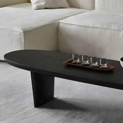 Vista 6 de RUNNUP Mesa de centro de madera negra ovalada, moderna, mesa de centro de decoración para sofá, mesa de cóctel para apartamento pequeño, sala