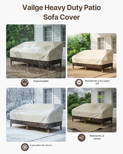 Vista 6 de Vailge Funda para Sofá de Patio de Servicio Pesado, 100% Impermeable Funda para Sofá de Exterior de 3 Plazas, Fundas para Muebles de Jardín y Patio