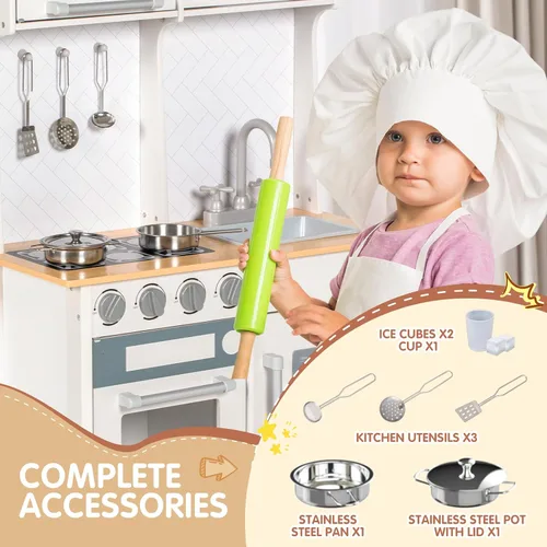 Vista 4 de BRINJOY Juego de cocina para niños, cocina de madera para niños con grifo, fregadero, estufa, horno, utensilios de cocina, gabinetes de Blanco