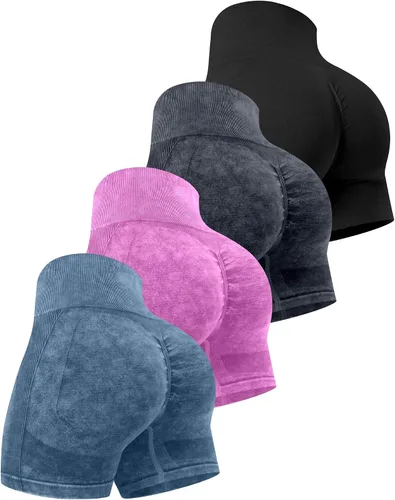 Vista 27 de CHRLEISURE Pantalones Cortos de Entrenamiento para Mujer, 4 Paquetes, Cintura Alta, Levantamiento de Glúteos con Fruncido, Pantalones Cortos Booty