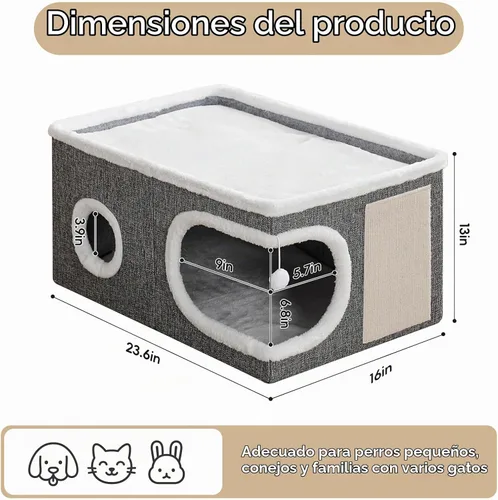 Vista 4 de Casas extra anchas para gatos de interior, cueva grande cubierta Gris