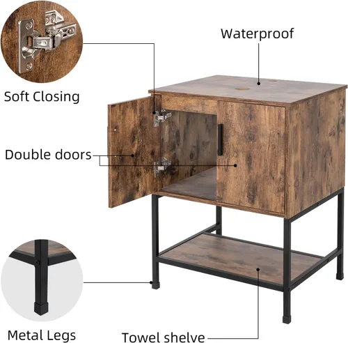 Vista 6 de UEV Juego de tocador de baño antiguo de 24 pulgadas, color marrón oscuro con lavabo, armario de baño de madera de hierro con grifo de temperatura