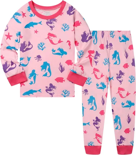 Vista 22 de Popshion Pijamas de sirena para niñas pequeñas, juego de 2 piezas, ropa de dormir 100% algodón, ropa para niños, pijamas estilo mariquita