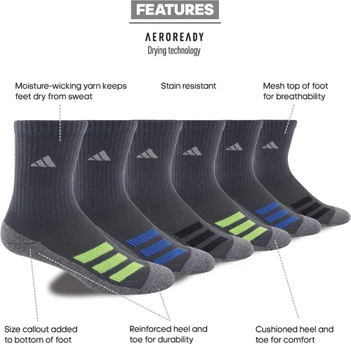 Vista 2 de adidas Boys' Youth Cushioned Angle Stripe 6-Pack Crew