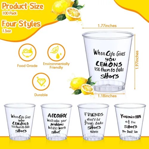 Vista 2 de Peryiter 100 vasos de chupito de plástico a granel, mini vasos desechables de 1.7 onzas, diseño divertido transparente, vasos de muestra, vasos