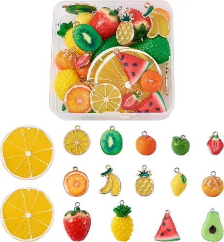 Vista 21 de Craftdady Colgantes colgantes de frutas, lindos colgantes de resina para alimentos, colgantes de manzana, naranja, piña, fresa, encantadores dijes