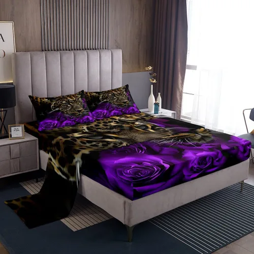 Vista 19 de Erosebridal Sábanas de cama de guepardo con rosa roja, juego de sábanas de bolsillo profundo con estampado de leopardo y gato, sábana bajera