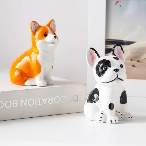 Vista 5 de Figuras de porcelana para mascotas, mini decoración de animales, escultura de perro y gato, adornos de mesa para estantes de gabinete, chimenea