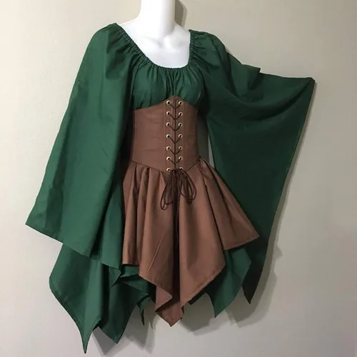 Vista 3 de Vestido tradicional irlandés para mujer, disfraz corto medieval, vestido grande con corsé para Halloween, vestido victoriano