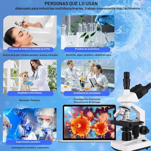 Vista 3 de Microscopio trinocular, aumento 40X-5000X, microscopio profesional de grado de investigación con cámara USB y escenario mecánico, microscopio