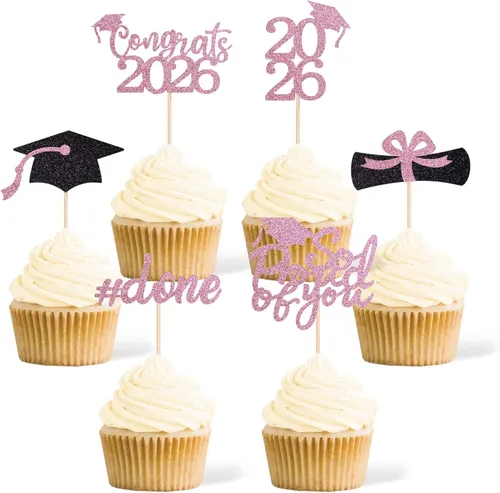Vista 10 de 36 adornos para cupcakes de graduación de clase 2026, con purpurina azul de doble cara para suministros de fiesta de graduación, decoraciones