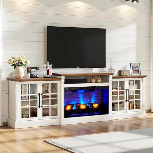 Vista 11 de AMERLIFE Soporte de TV con chimenea de 70 pulgadas para televisores de hasta 80 pulgadas, consola multimedia con armarios de almacenamiento