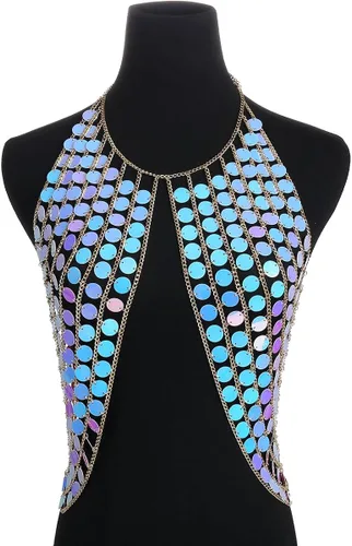 Vista 6 de Ingemark Arnés sexy en la cintura para bikini con cadena de cuerpo, collar de hombro para mujer, lentejuelas doradas y plateadas, Sin gemas.