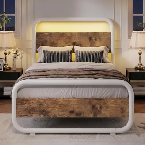 Vista 14 de Catrimown - Marco para cama individual con luces LED, marco de cama plataforma individual resistente de metal rústico con cabecera de madera