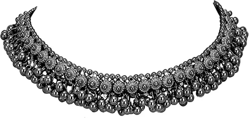 Vista 2 de Indian Hawker Gargantilla negra de plata oxidada con pendientes Jhumka para mujeres y niñas