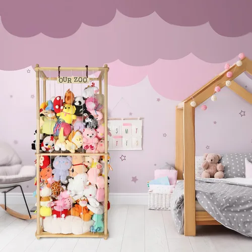 Vista 7 de Estante organizador grande de peluche de 63 pulgadas para niños, estante organizador de almacenamiento de felpa de madera con cordón elástico