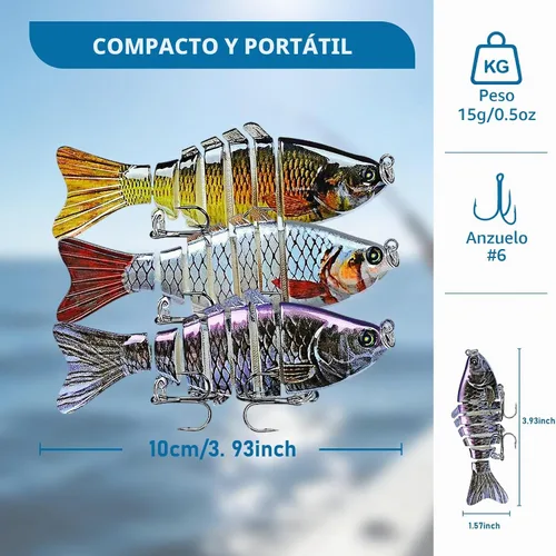 Vista 6 de Keenjorika Multi-Jointed Swimbaits, 3 Pack Slow-Sinking Segmented Fishing Lures with Rattle and Treble Hooks for Bass, Trout, Pike and Walleye