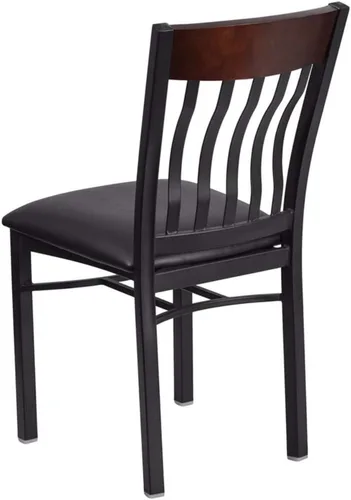 Vista 4 de Flash Furniture Eclipse Series Silla de restaurante con respaldo vertical de metal negro y madera de nogal con asiento de vinilo negro