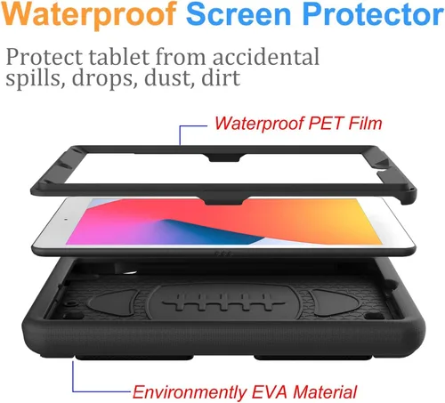 Vista 3 de BMOUO Funda para niños para iPad de 9ª/8ª/7ª generación (2021/2020/2019), con protector de pantalla integrado, soporte con mango a prueba de golpes