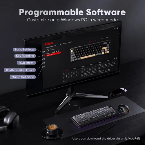 Vista 9 de RedThunder Teclado mecánico inalámbrico para juegos K65, conexión de modos de viaje, teclado de intercambio en caliente personalizado de junta
